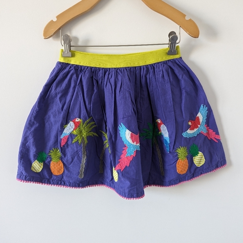 Mini Boden Girls Tropical Bird and Pineapple Embroidered Skirt, Size 7-8 Years